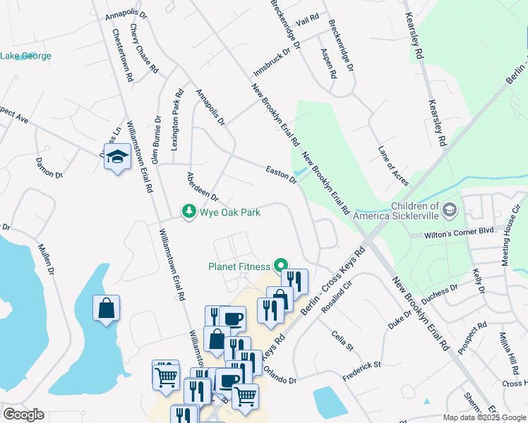 map of restaurants, bars, coffee shops, grocery stores, and more near 42 Aberdeen Drive in Sicklerville