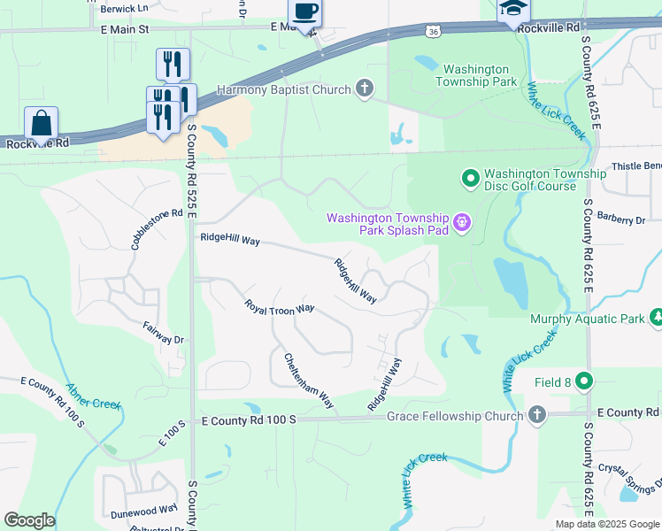 map of restaurants, bars, coffee shops, grocery stores, and more near 5609 RidgeHill Way in Avon