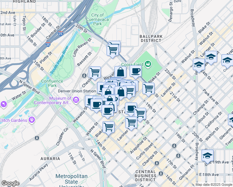 map of restaurants, bars, coffee shops, grocery stores, and more near 1634 18th Street in Denver