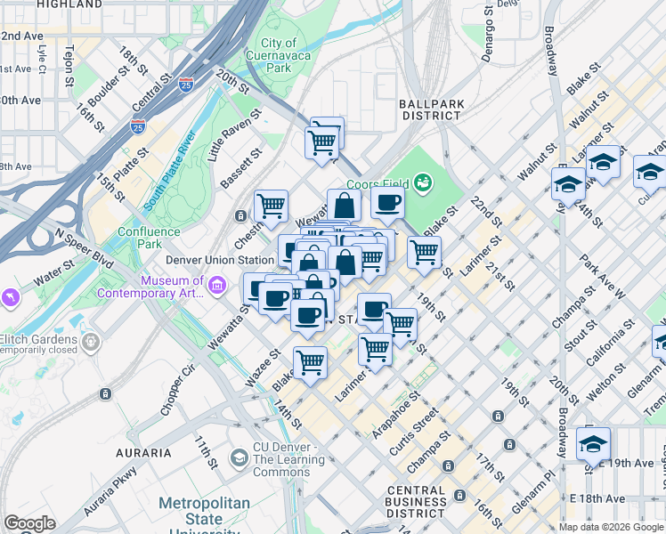 map of restaurants, bars, coffee shops, grocery stores, and more near 1792 Wynkoop Street in Denver