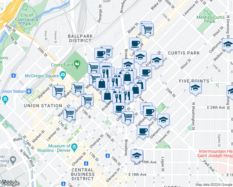 map of restaurants, bars, coffee shops, grocery stores, and more near 2193 Arapahoe Street in Denver