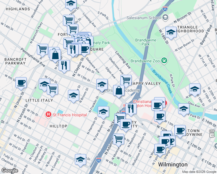 map of restaurants, bars, coffee shops, grocery stores, and more near 1201 North Harrison Street in Wilmington