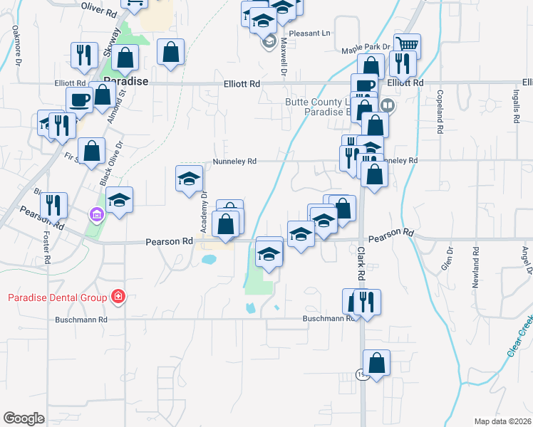 map of restaurants, bars, coffee shops, grocery stores, and more near 539 Pearson Road in Paradise