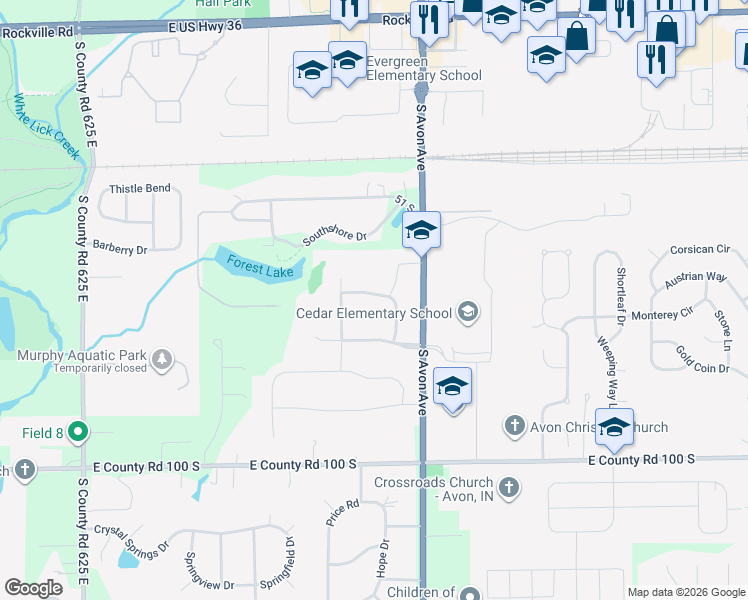 map of restaurants, bars, coffee shops, grocery stores, and more near 6887 Merritt Ridge Way in Avon