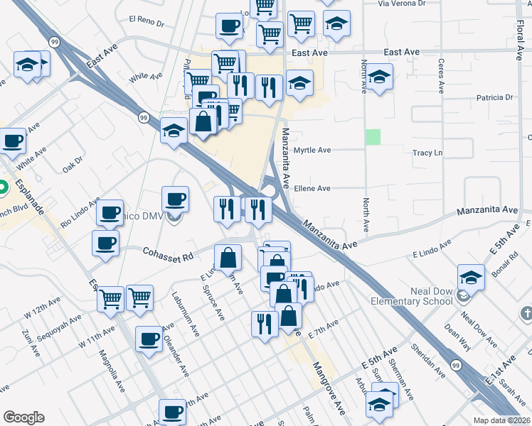 map of restaurants, bars, coffee shops, grocery stores, and more near 660 Manzanita Court in Chico