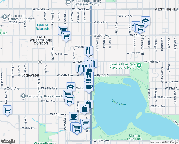 map of restaurants, bars, coffee shops, grocery stores, and more near 5222 West 25th Avenue in Edgewater