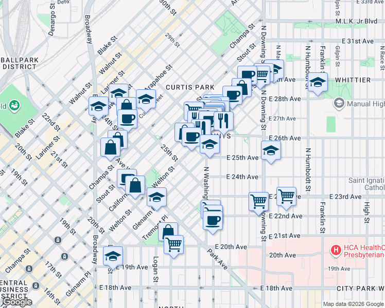map of restaurants, bars, coffee shops, grocery stores, and more near 2590 Welton Street in Denver