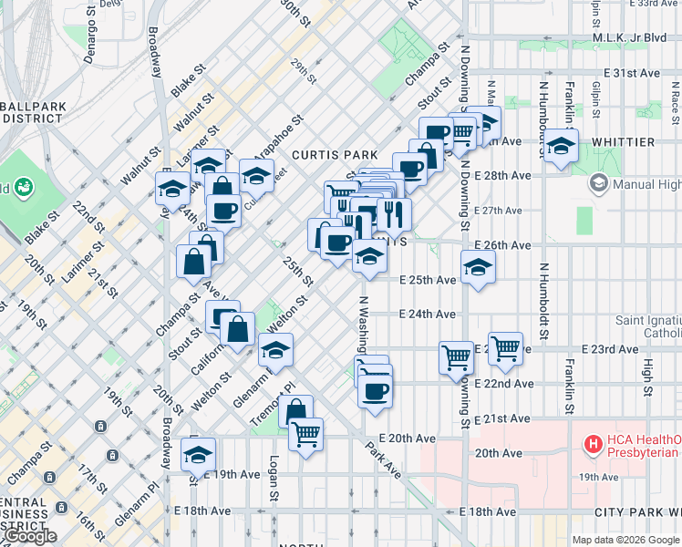 map of restaurants, bars, coffee shops, grocery stores, and more near 2560 Welton Street in Denver