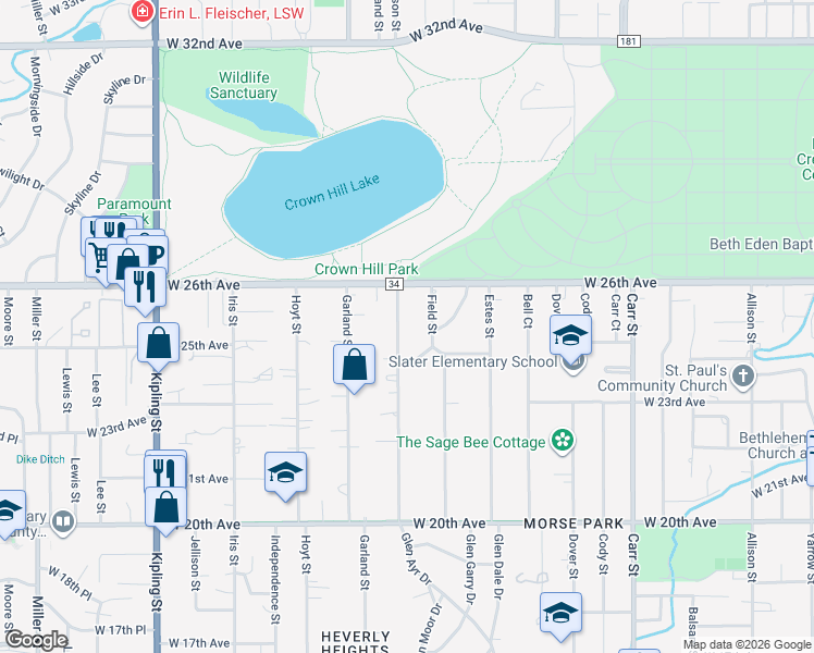 map of restaurants, bars, coffee shops, grocery stores, and more near 8925 West Frances Place in Lakewood