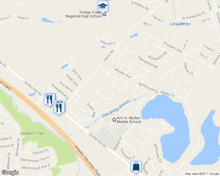 map of restaurants, bars, coffee shops, grocery stores, and more near 50 East Meadowbrook Circle in Sicklerville