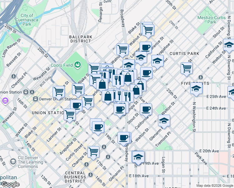 map of restaurants, bars, coffee shops, grocery stores, and more near in Denver