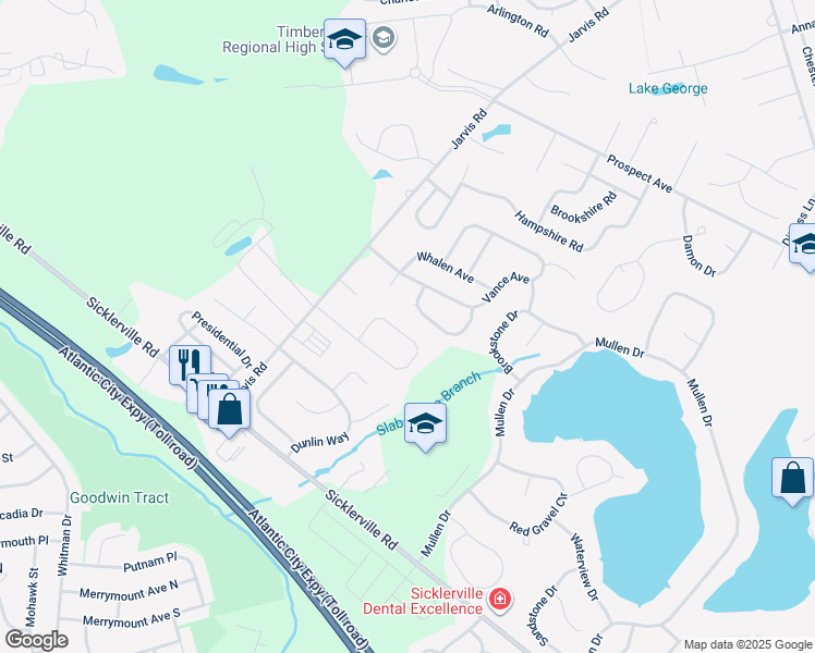 map of restaurants, bars, coffee shops, grocery stores, and more near 50 East Meadowbrook Circle in Sicklerville