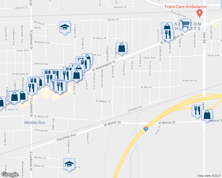 map of restaurants, bars, coffee shops, grocery stores, and more near 1008 Denison Street in Indianapolis