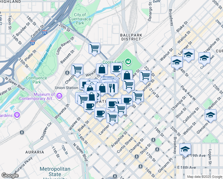 map of restaurants, bars, coffee shops, grocery stores, and more near 1850 Wazee Street in Denver