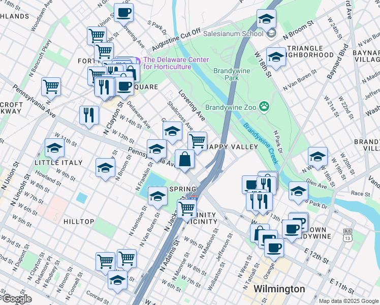 map of restaurants, bars, coffee shops, grocery stores, and more near 1370 Richards Alley in Wilmington