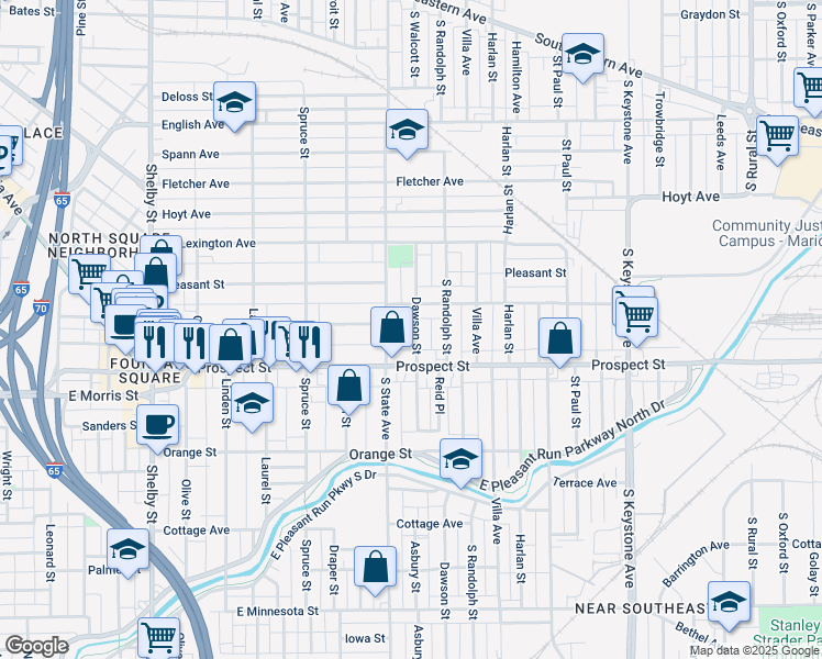map of restaurants, bars, coffee shops, grocery stores, and more near 1026 Dawson Street in Indianapolis