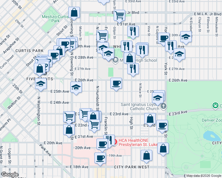 map of restaurants, bars, coffee shops, grocery stores, and more near 1710 East 25th Avenue in Denver