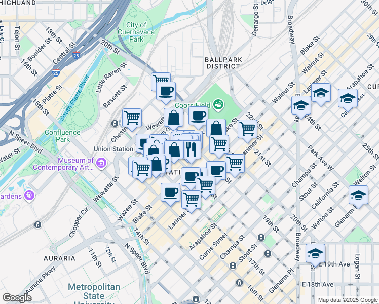 map of restaurants, bars, coffee shops, grocery stores, and more near in Denver