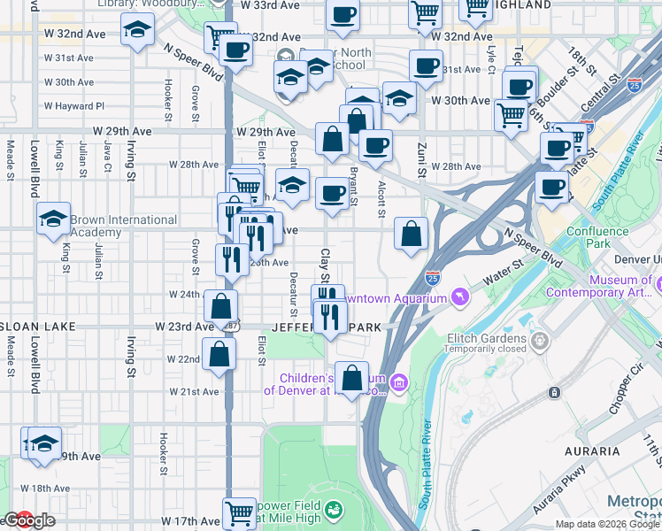 map of restaurants, bars, coffee shops, grocery stores, and more near 2711 West 24th Avenue in Denver