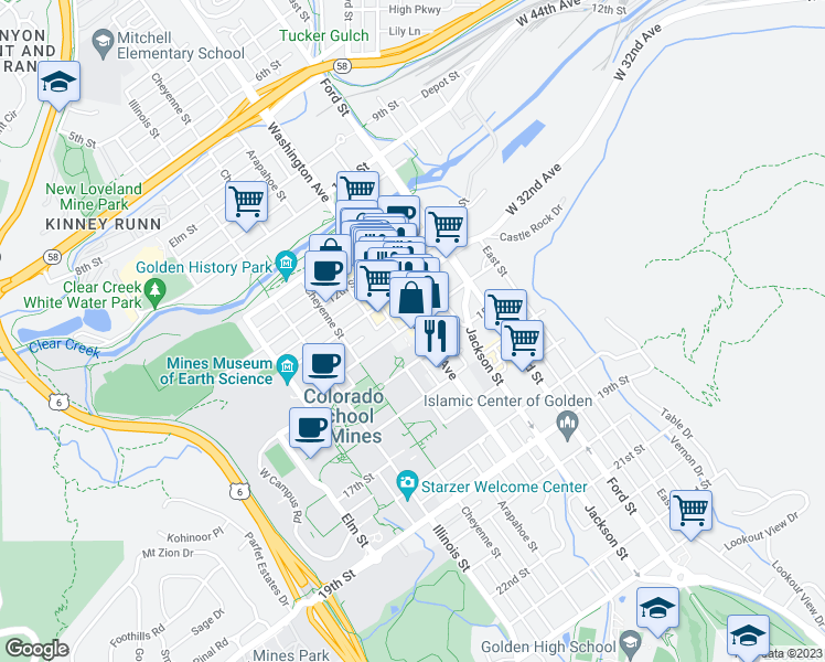 map of restaurants, bars, coffee shops, grocery stores, and more near 817 14th Street in Golden