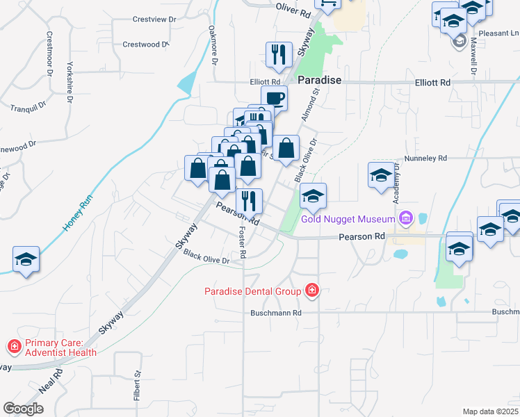 map of restaurants, bars, coffee shops, grocery stores, and more near 145 Pearson Road in Paradise