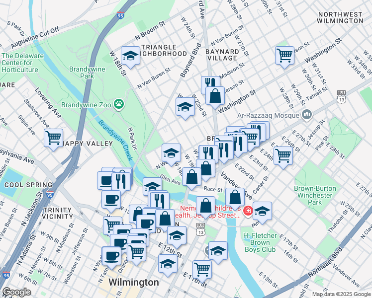 map of restaurants, bars, coffee shops, grocery stores, and more near 131 West 18th Street in Wilmington