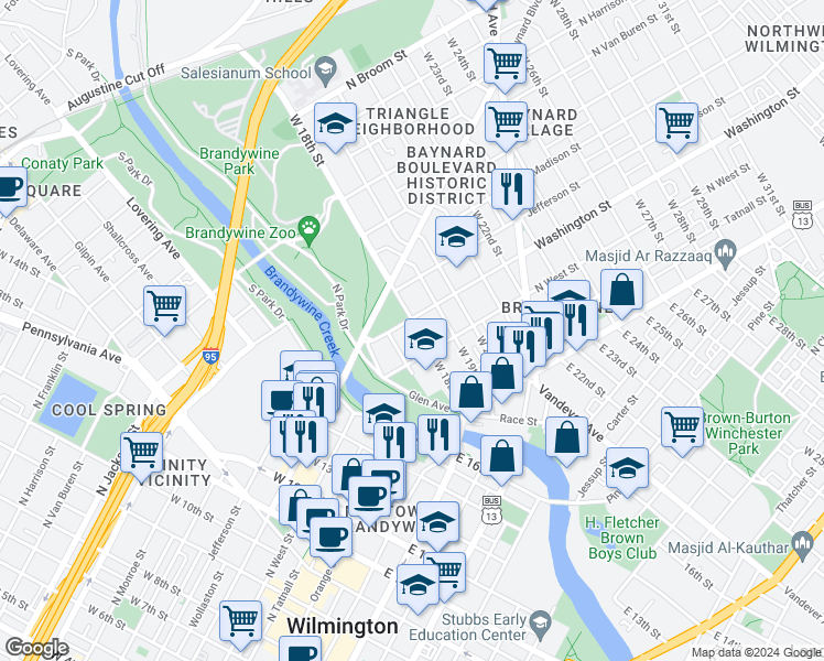 map of restaurants, bars, coffee shops, grocery stores, and more near 219 West 17th Street in Wilmington