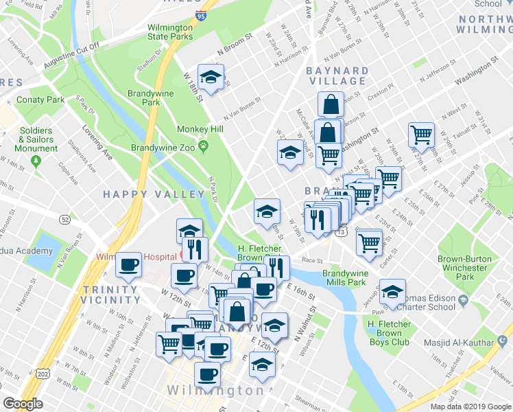 map of restaurants, bars, coffee shops, grocery stores, and more near 219 West 17th Street in Wilmington