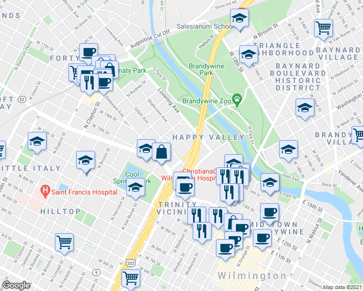 map of restaurants, bars, coffee shops, grocery stores, and more near 1402 North Van Buren Street in Wilmington