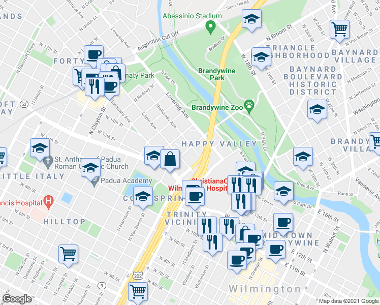 map of restaurants, bars, coffee shops, grocery stores, and more near 1402 North Van Buren Street in Wilmington