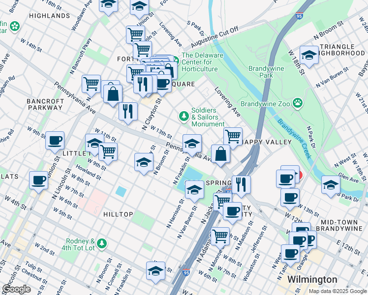 map of restaurants, bars, coffee shops, grocery stores, and more near 1119 North Franklin Street in Wilmington