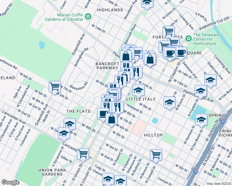 map of restaurants, bars, coffee shops, grocery stores, and more near 834 North Union Street in Wilmington