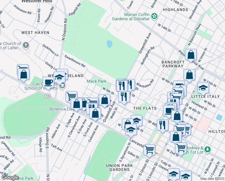 map of restaurants, bars, coffee shops, grocery stores, and more near 2708 West 5th Street in Wilmington