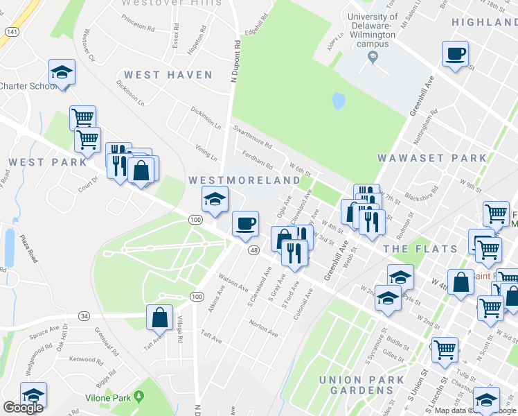 map of restaurants, bars, coffee shops, grocery stores, and more near 3101 Conrad Street in Wilmington