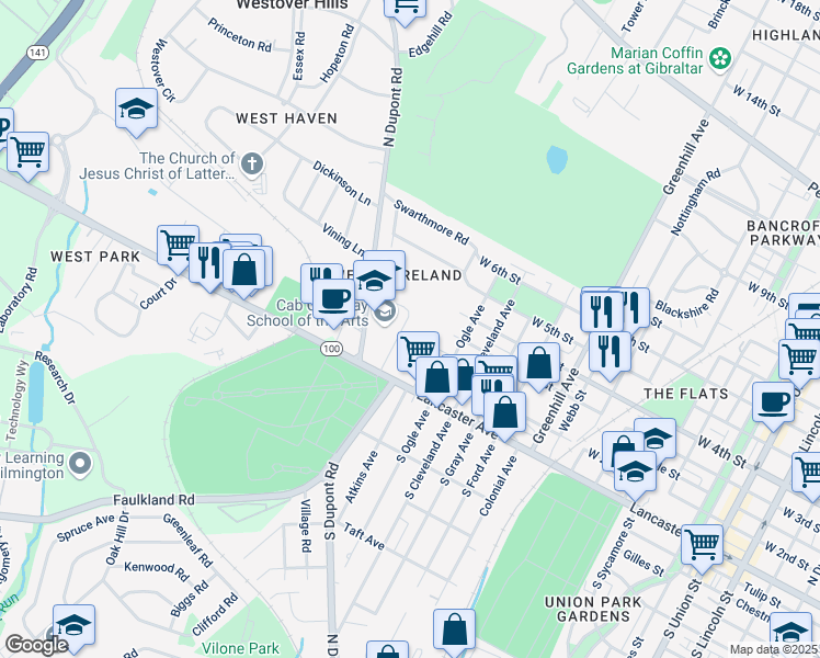 map of restaurants, bars, coffee shops, grocery stores, and more near 3201 West 2nd Street in Wilmington