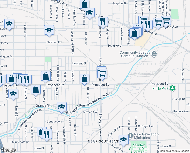map of restaurants, bars, coffee shops, grocery stores, and more near 1042 Saint Peter Street in Indianapolis