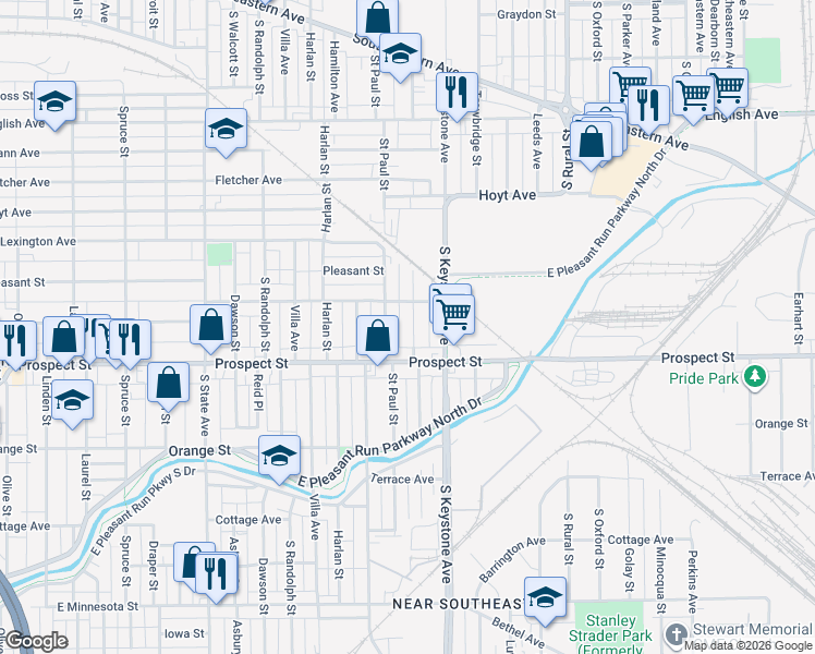 map of restaurants, bars, coffee shops, grocery stores, and more near 1042 Saint Peter Street in Indianapolis
