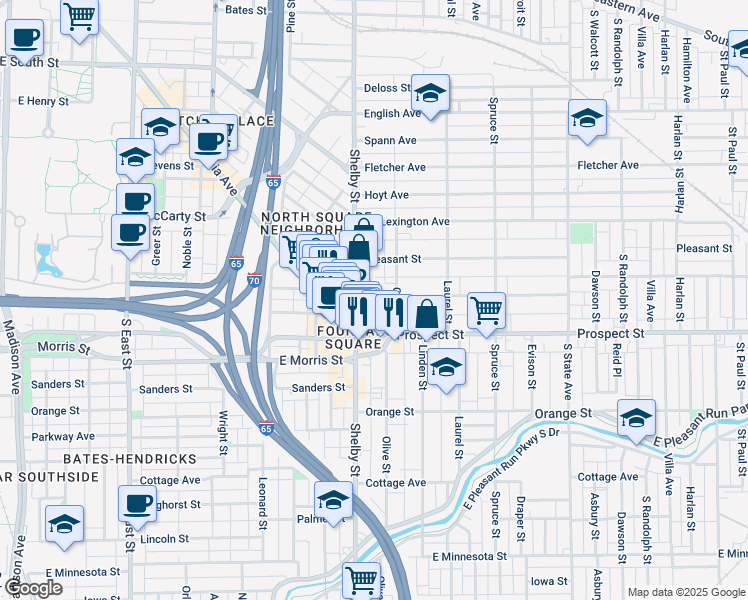 map of restaurants, bars, coffee shops, grocery stores, and more near in Indianapolis