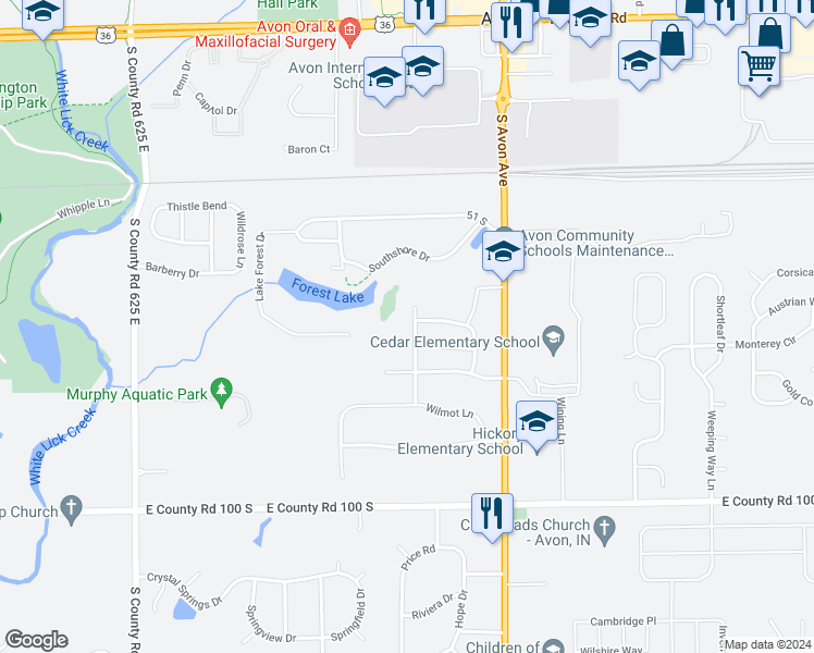 map of restaurants, bars, coffee shops, grocery stores, and more near 744 Thornwood Lane in Avon