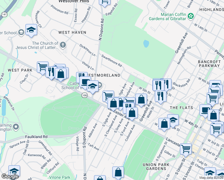 map of restaurants, bars, coffee shops, grocery stores, and more near 13 Corbin Court in Wilmington