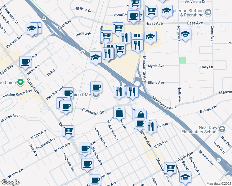 map of restaurants, bars, coffee shops, grocery stores, and more near 587-699 Rio Lindo Ave in Chico