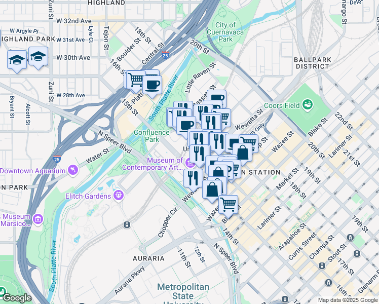 map of restaurants, bars, coffee shops, grocery stores, and more near 2000 16th Street Mall in Denver