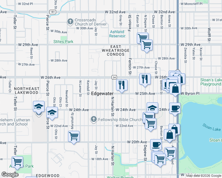 map of restaurants, bars, coffee shops, grocery stores, and more near 2471 North Harlan Street in Edgewater