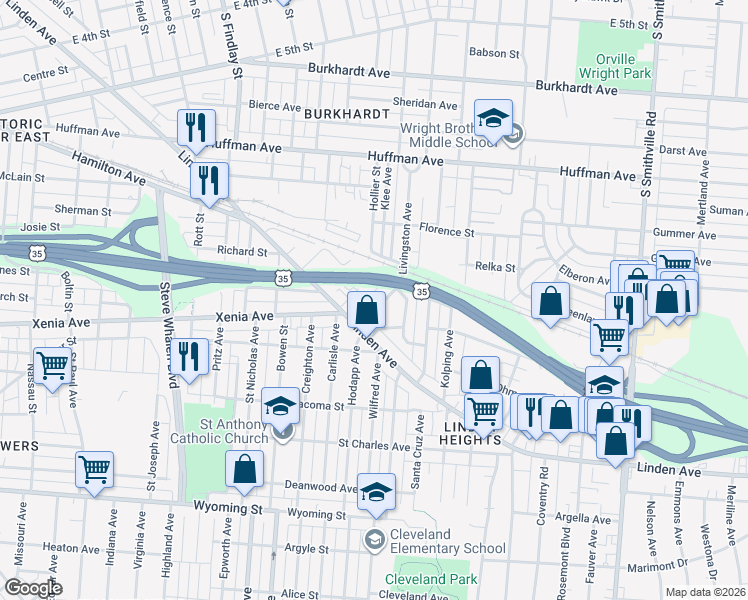 map of restaurants, bars, coffee shops, grocery stores, and more near 444 Livingston Avenue in Dayton