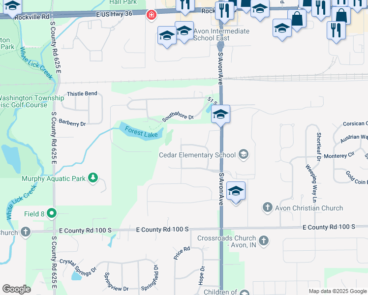 map of restaurants, bars, coffee shops, grocery stores, and more near 743 Thornwood Lane in Avon