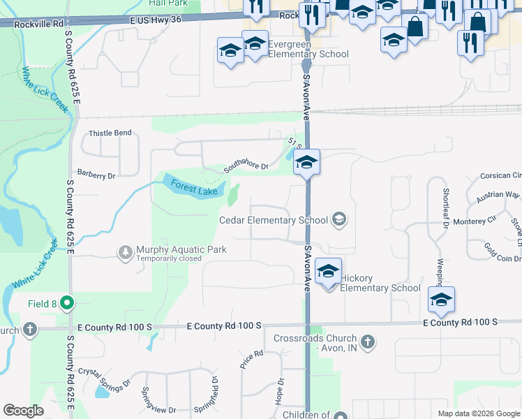 map of restaurants, bars, coffee shops, grocery stores, and more near 6849 Merritt Ridge Way in Avon