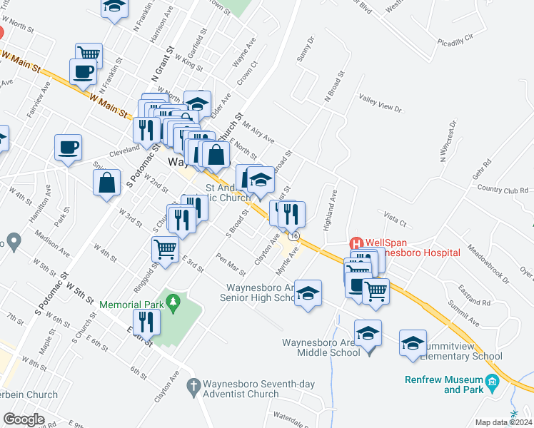 map of restaurants, bars, coffee shops, grocery stores, and more near 229 East Main Street in Waynesboro