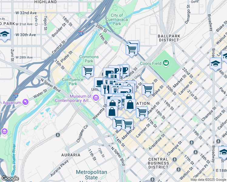 map of restaurants, bars, coffee shops, grocery stores, and more near 1650 Wewatta Street in Denver