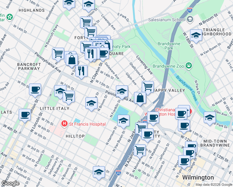 map of restaurants, bars, coffee shops, grocery stores, and more near 1119 North Franklin Street in Wilmington