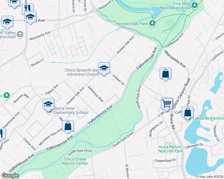 map of restaurants, bars, coffee shops, grocery stores, and more near 444 Lilac Lane in Chico